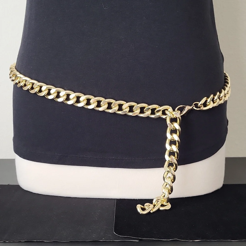 Women's Gold Tone Wide Cuban Link Chain Belt 42" end to end 3/4" width - Picture 6 of 11